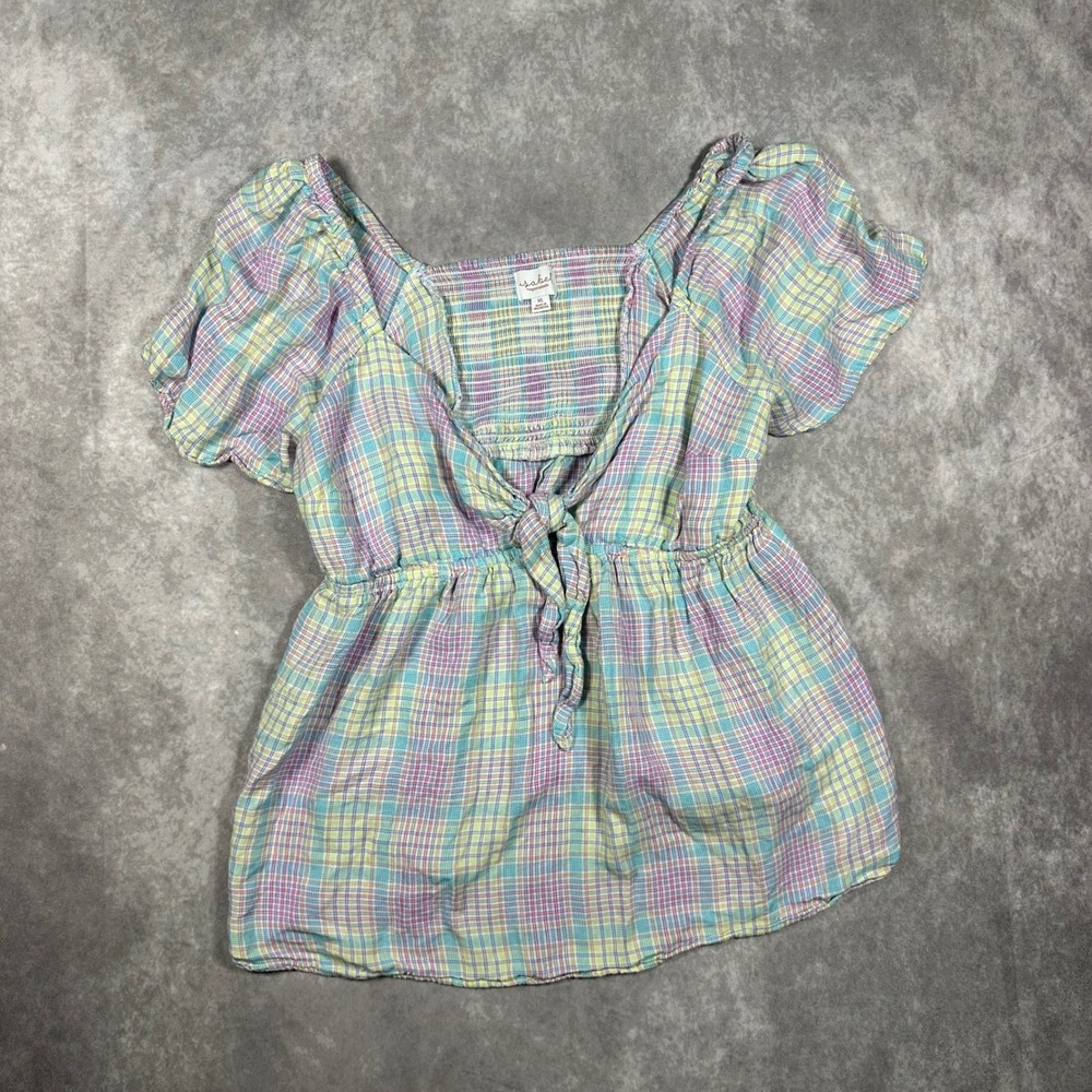 Isabel Maternity Plaid Tie Front Smocked Peplum Top XL Pastel Multicolor Cottage